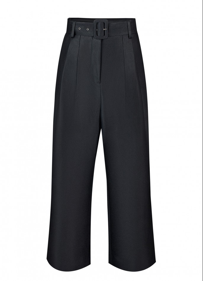 BLACK SILK AND WOOL BLEND HIGH WAISTED BELTED PANTS